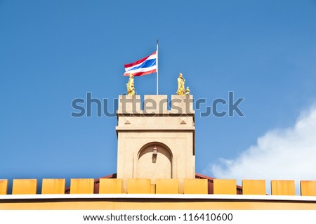 Thai flag on the tower and wall, Thailand.