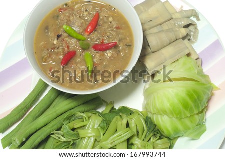 Pickled fish and chili dip with boiled vegetables.