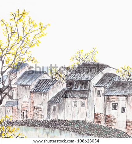 Traditional Chinese painting of old country house landscape