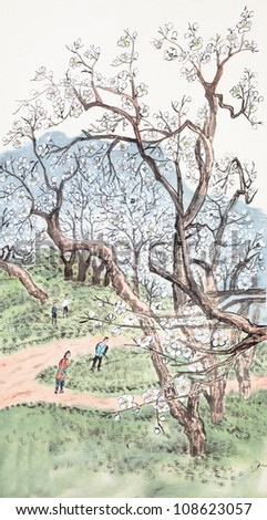 Traditional Chinese painting of plum blossom in the country