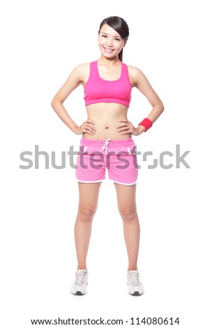 Fitness woman smile put hands on waist and standing in full body isolated on white background. Healthy lifestyle concept of happy young asian model