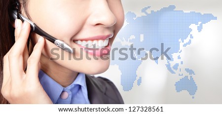 close up of business woman operator in headset smile face with asia map background, asian beauty model