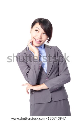 businesswoman smiling and thinking lovely isolated on white background, asian model