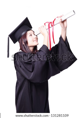 Female graduate wear graduation cap and gown and hold diploma asian woman Female graduate wear graduation cap and gown and hold diploma asian woman