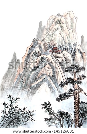 Traditional Chinese painting of high mountain landscape with cloud and mist