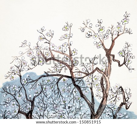 Traditional Chinese painting of plum blossom in the country