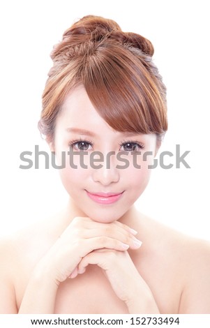 Portrait Of The Woman With Beauty Face And Perfect Skin Isolated On White Background, Asian Model