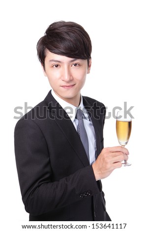 Successful business man toasting with Champagne isolated on white background, asian male model