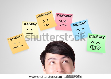 Closeup Of Young Man Looking Up With Color Stickers Displaying Day Of Week And Face Expression On Each Separate Color, Asian Man