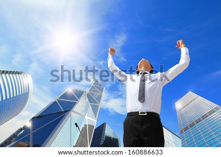Happy Successful Business Man Raised Arms With Sky In The Background, Asian People