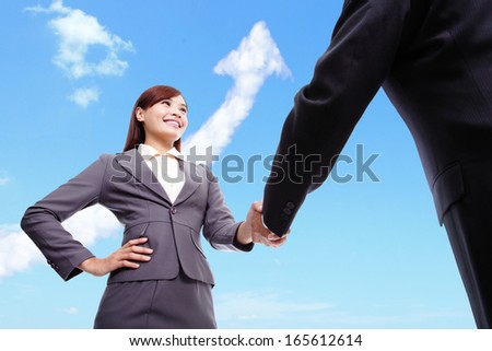 Success Business Concept - Business Woman And Man Handshake With Arrow Cloud And Sky In The Background, Asian, Hong Kong