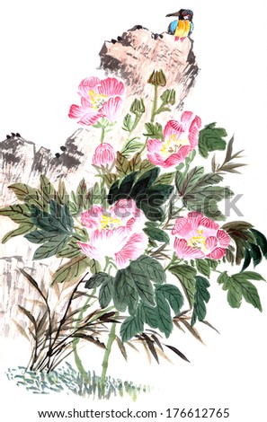 traditional Chinese painting ,peony and bird