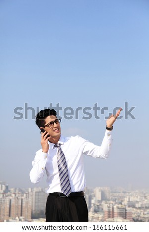 Happy business men call by smart phone on business architecture background