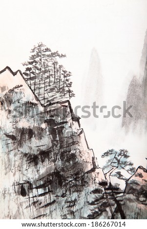 Traditional Chinese painting of high mountain landscape with cloud and mist