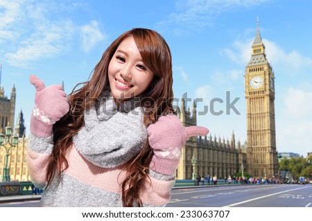 Happy woman travel in london with Big Ben in United Kingdom, uk