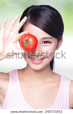 Health girl show tomato with smile face, health food concept, asian woman beauty