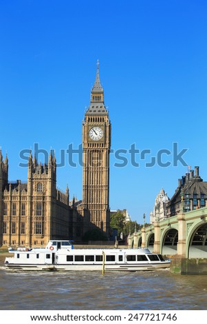 Big Ben and Houses of Parliament with bridge and thames river in London, United Kingdom, uk
