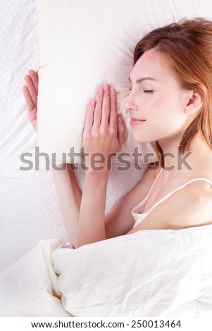 Sleep Girl woman on bed in the morning, caucasian beauty