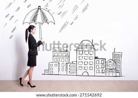 business woman walking and holding drawing umbrella with white wall background, asian