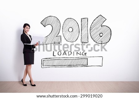 New Year is loading now - business woman using laptop computer with 2016 text and white wall background