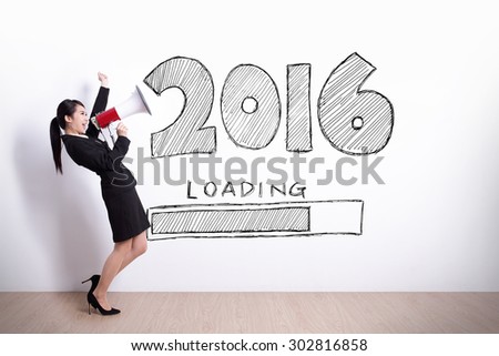 business woman talking in megaphone with 2016 new year on white wall background