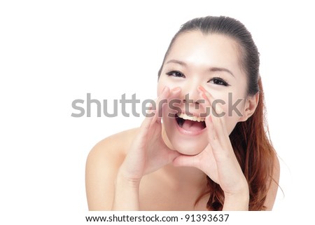 Asian beauty skin care woman face, Beautiful young woman touching her face looking to the side. Isolated on white background
