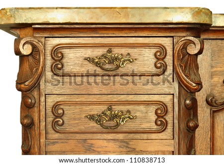 Vintage wooden cabinet drawer isolated on white background
