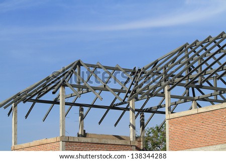 Steel frame of house roof under construction