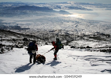 MOUNT AGRI, TURKEY - JANUARY 24: Climbers are bringing down their wounded friend, January 24, 2007 in Agri, Turkey. Mount Agri is the highest mountain in Turkey.  believed that Noah Ark is there.
