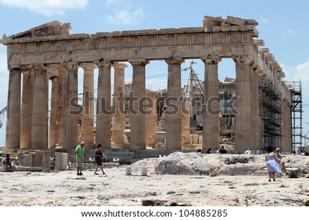 ATHENS, GREECE - JUNE 26: Restoration of the Acropolis Parthenon Temple on June 26, 2011 in Athens, Greece. Its construction began in 447 BC in the Athenian Empire. It was completed in 438 BC.
