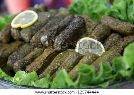 Turkish appetizer food Ã¢Â?Â?stuffed grape leaves\' (dolma) on the dinner plate in Istanbul, Turkey.