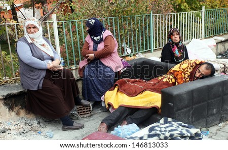 VAN, TURKEY - OCTOBER 25: Earthquake victims people sleeping outside on October 25, 2011 in Van, Turkey. It is 604 killed and 4152 injured in Van-Ercis Earthquake.