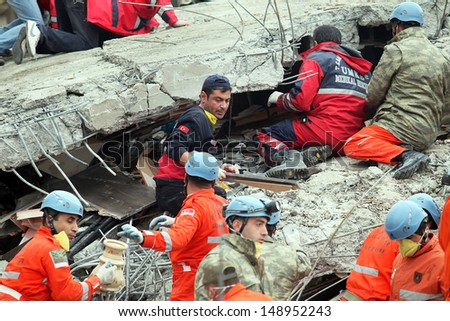 Van, Turkey - October 25: Rescue Team Is Searching For The Wounded Under The Debris Aftter The Earthquake On October 25, 2011 In Van, Turkey. It Is 604 Killed And 4152 Injured In Van Earthquake.