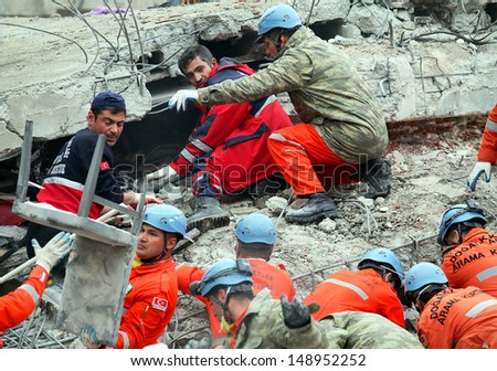 VAN, TURKEY - OCTOBER 25: Rescue team is searching for the wounded under the debris aftter the earthquake on October 25, 2011 in Van, Turkey. It is 604 killed and 4152 injured in Van Earthquake.