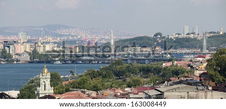 Golden Horne Halic and Golden Horn Metro Bridge from Balat District in Istanbul, Turkey.