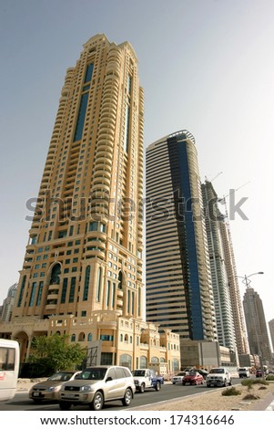 DUBAI, UAE - MARCH 24: Office buildings in Dubai Street on March 24, 2008 in Dubai, UAE. Dubai was the fastest developing city in the world.