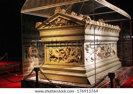 Istanbul, Turkey - August 7: Great Alexander'S Sarcophagus In Istanbul Archaeology Museum On August 7, 2005 In Istanbul, Turkey. Museum Over One Million Objects That Represent Almost All Of The Eras.