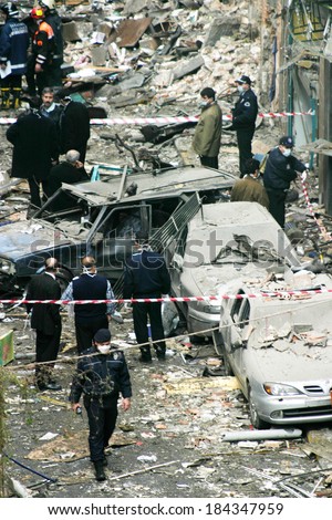 ISTANBUL, TURKEY - NOVEMBER 15: After terror attack and bomb explosion in Neve Shalom synagogues on November 15, 2003 in Istanbul, Turkey. Killing 27 people in the synagogues.