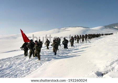 SARIKAMIS, TURKEY - DECEMBER 26: Turkish soldiers walking at Sarikamis Allahuekber Mountains on December 26, 2006 in Kars, Turkey. Hiking done for, Turkish soldiers who died in 1915 Sarikamis.