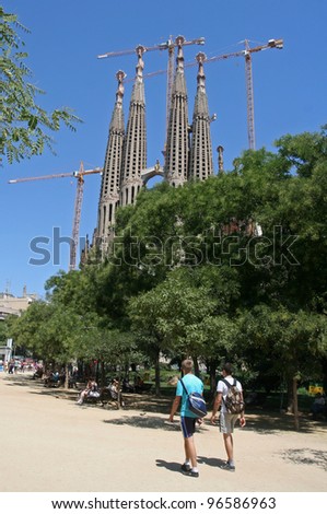 BARCELONA SPAIN - AUGUST 19: La Sagrada Familia - the impressive cathedral designed by Gaudi, which is being build since 19 March 1882 and is not finished yet August 19, 2009 in Barcelona, Spain.
