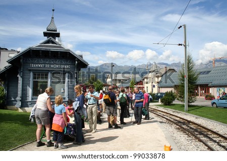 ST GERVAIS, FRANCE - AUGUST 25: Starting point Mont Blanc Tramway on August 25, 2006 in Saint Gervais, France. People waiting tramway. Mont Blanc tramway line is 12.4 km long.
