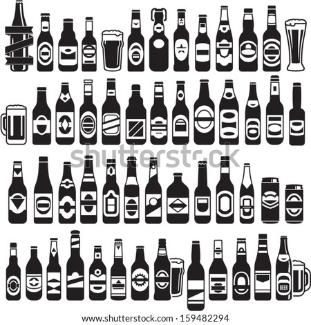 Vector black beer bottles icons set Beer can Vector black beer bottles icons set Beer can