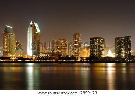 San Diego skyline at night with holiday lights