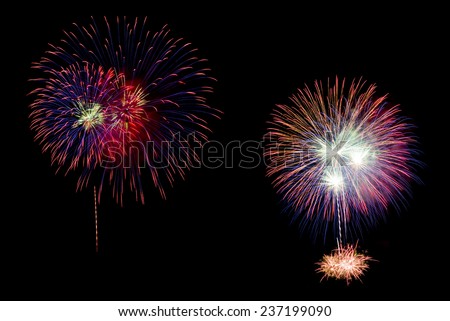 Individual colorful fireworks isolated on black background.
