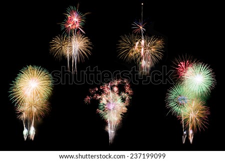 Individual colorful fireworks isolated on black background.