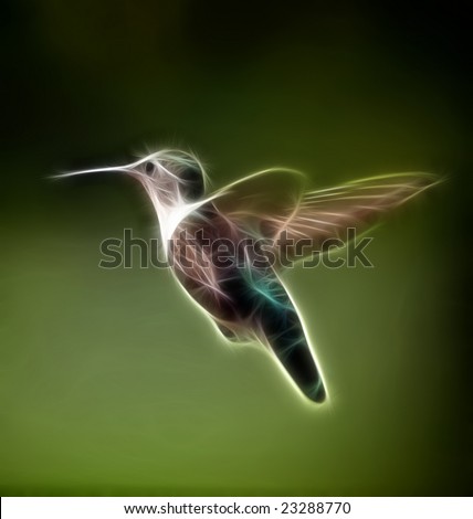 A hovering Hummingbird on a green background with a fractal treatment applied.