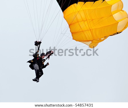 EAU CLAIRE, WI - JUNE 6: A closeup of a member of the U.S. Army Golden Knights parachute team on his descent at the Chippewa Valley Airshow in Eau Claire, WI on June 6, 2010.