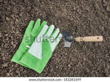 Trowel with grass green garden gloves on the ground