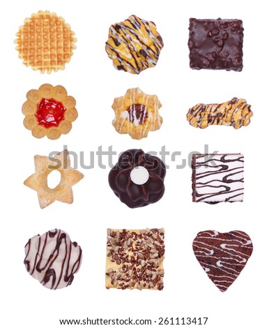 Collage of various cookies. Cookies and cakes on white background. Sweet pastry isolated on white background. Cafeteria menu. Waffles, cakes, shortbread dough. Design cookies. Confectionery business.