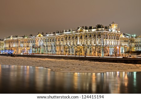 PETERSBURG, RUSSIA-JANUARY 5: The Hermitage Museum at night on January 5, 2013 in Petersburg. Hermitage Museum is the largest art gallery in Russia and is among the largest art museums in the world.